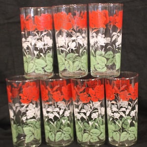 Set of Seven Vintage Midcentury Red Rose Beverage Glasses with a Wonderful Red Rose Pitcher- Great for Lemonade and Iced Tea!