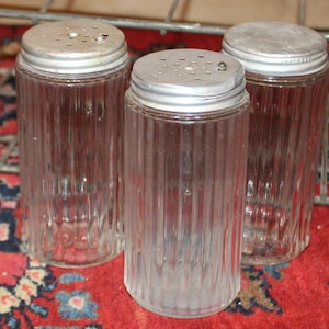 Set of 3 Round Antique 1930&#39;s Ribbed Hoosier Spice Jars with  Lids- Farmhouse/Country Kitchen