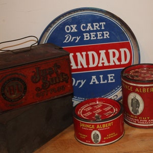 Set of 5 Antique Advertising Tins: Standard Dry Ale~Just Suits Cut Plug~Bremner Bros. Butter Wafers~Prince Albert Tobacco- Great Graphics!