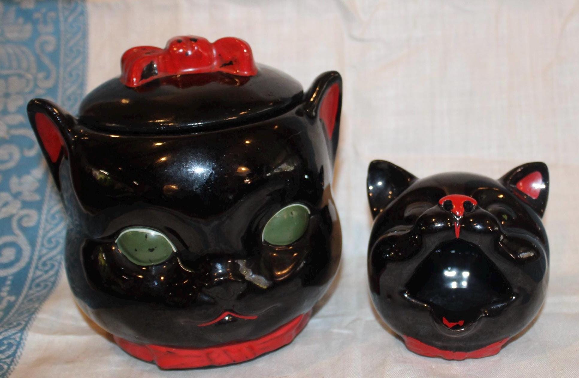 Vintage 1940's Redware Shafford Black Cat Cookie Jar With Matching