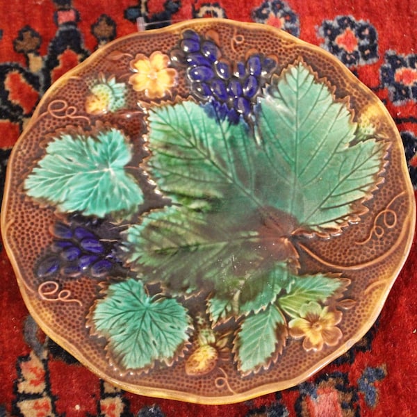 Beautiful Antique Majolica Plate with Grapes, Grape leaves, and Strawberries- 19th Century