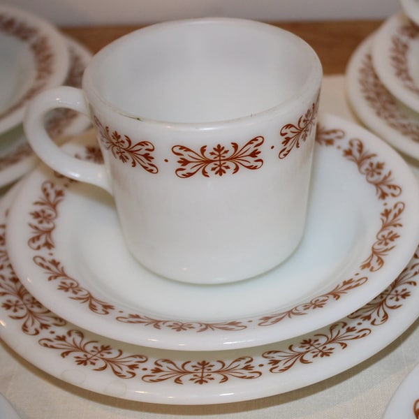 Vintage Mid Century Pyrex Copper Filigree Milk Glass Tableware by Corning- Coffee cups, Saucers, and Dessert/Pie Plates- Great Condition!