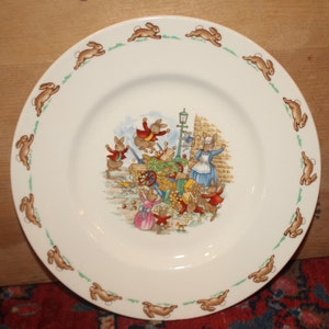 Vintage Royal Doulton Bone China Bunnykins Child&#39;s Plate- Toppling Fruit Cart- Made in England