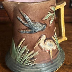 Stunning Antique 19th c. Majolica Pitcher with Cranes and Birds-  Chipped but a GORGEOUS Piece!