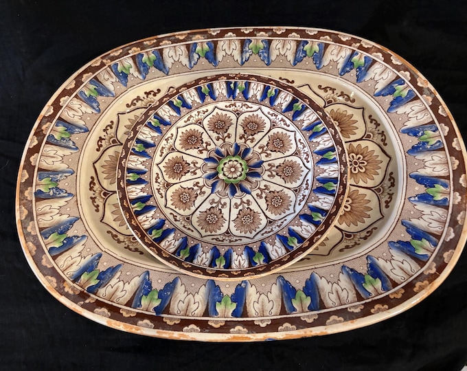 Featured listing image: Gorgeous Aesthetic Movement Brownfield & Son Serving Platter and Plate- Cobalt Blue, Brown, and Green- circa 1880’s