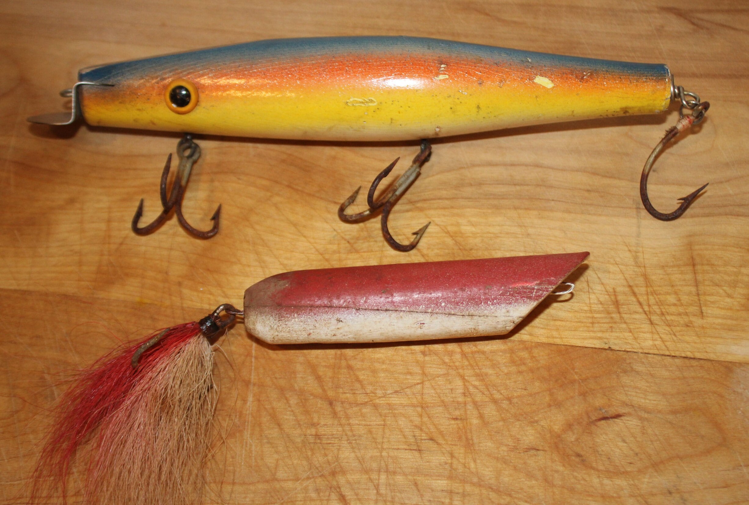 Two Great Colorful Wooden Antique Fishing Lures in Old Paint Found