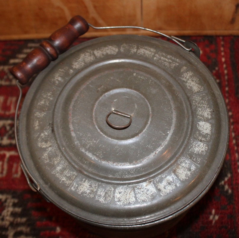 Antique Tin Lunch Pail With Lid and Wooden Handle 19th Etsy