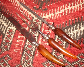 Englishtown Sheffield Carving Set: Bakelite Handles, Stainless Steel, Made in England