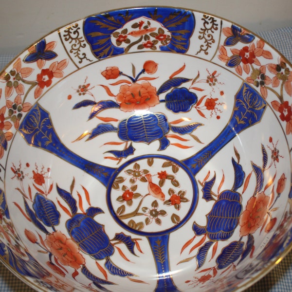 LARGE Hong Kong Imari Bowl on Mahogany Pedestal- Cobalt Blue, Coral, Gold- 1930's