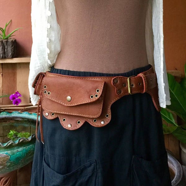 Leather Utility Belt | Festival Hip Bag | Steampunk Belt Bag | Phone Pocket Travel Belt | Waist Bag | Leather Fanny Pack- The Lotus