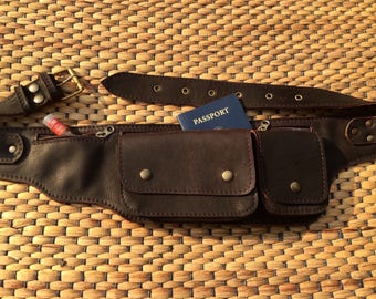 Leather Utility Belt Bag  | Travel Hip Bag | Pocket Belt Pouch | Festival Belt  - The Explorer