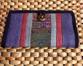 Hmong Hill Tribe Long Wallet | Hemp & Cotton Fabric | Up-cycled | Thai Handmade |  Holds Smartphone | Cards | Money