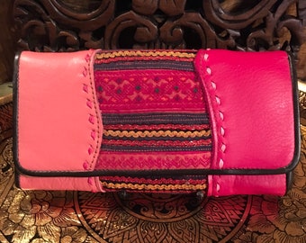 Thai Hill Tribe Fabric & Leather Wallet | Hmong Textiles | Handmade |  OOAK