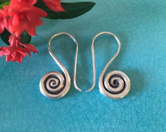 Karen Hill Tribe Silver Earrings | Spiral Drop 1.1” | Thai Handmade | 98.5 % Silver