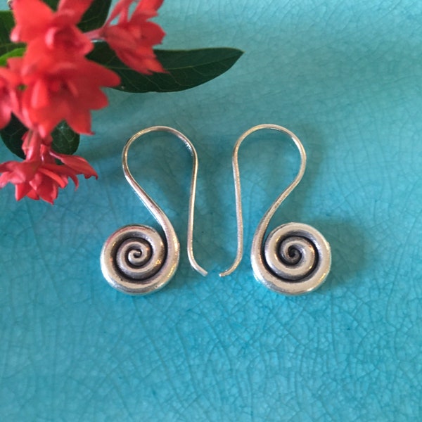 Karen Hill Tribe Silver Earrings | Spiral Drop 1.1” | Thai Handmade | 98.5 % Silver