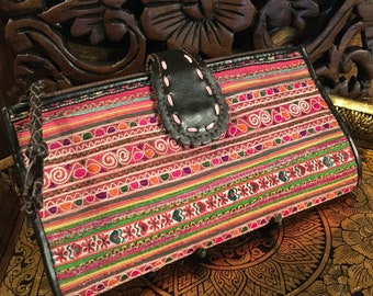 Hmong Fabric & Leather Long Wallet | Thai Hill Tribe  | One of A Kind |  Handmade Thailand