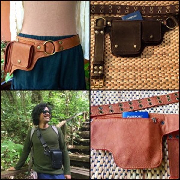 Leather Utility Belt Bag | Crossbody / Hip / Waist | Travel Pocket Belt w/ Pouches - The Hipster