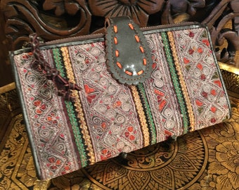 Hmong Fabric w/ Leather Long Wallet | Thai Hill Tribe  | One of A Kind |  Handmade Thailand