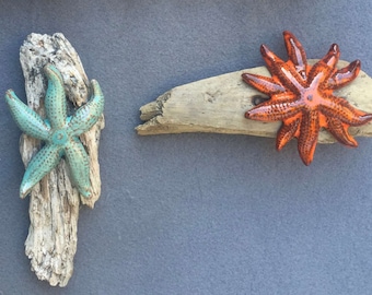 Ceramic Starfish on driftwood -  wall relief sculpture, in orange or turquoise