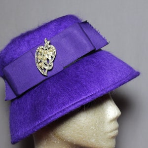 Purple Winter Wool Cloche Hat with Vintage Pin