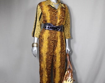 90s Snake Print 2pc Pants Suit Belt Purse Pin Slither in Let Your Inner Tiger Loose