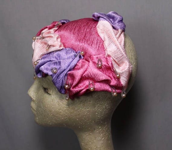 Pink and Purple Three Toned Hat with Faux Pearl A… - image 3