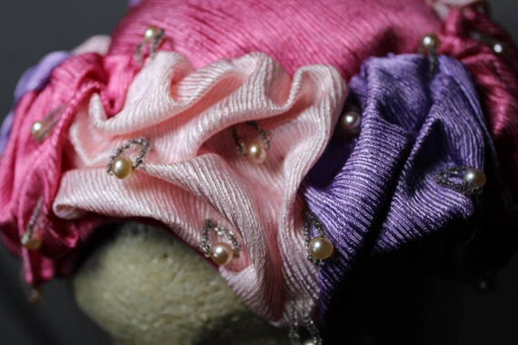 Pink and Purple Three Toned Hat with Faux Pearl A… - image 9