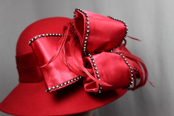 HAT Deep red felt + feather plume + sequin sacred heart Milan By Charm Felted Wool Church Hat RED Feathers Sequins  main image 3