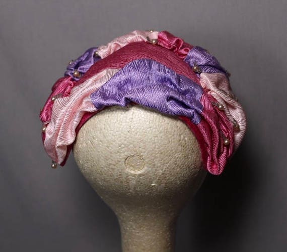 Pink and Purple Three Toned Hat with Faux Pearl A… - image 4