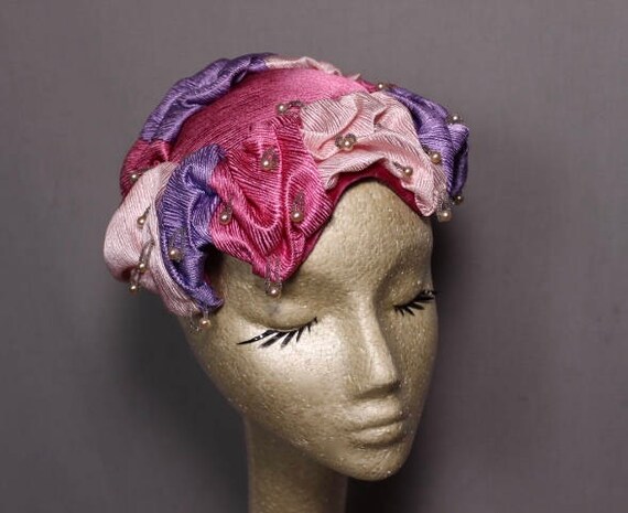 Pink and Purple Three Toned Hat with Faux Pearl A… - image 1