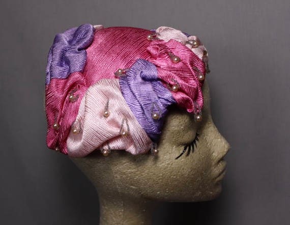 Pink and Purple Three Toned Hat with Faux Pearl A… - image 2