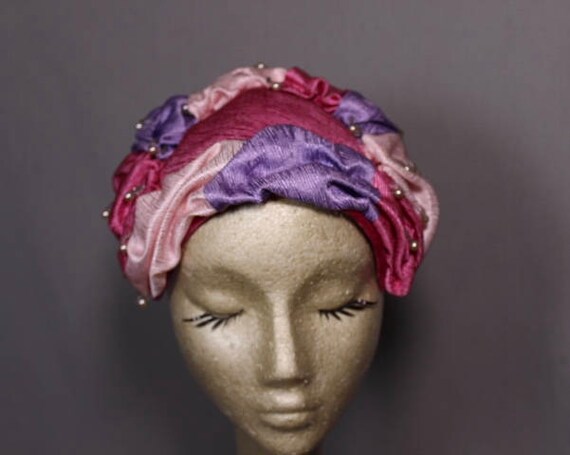 Pink and Purple Three Toned Hat with Faux Pearl A… - image 8
