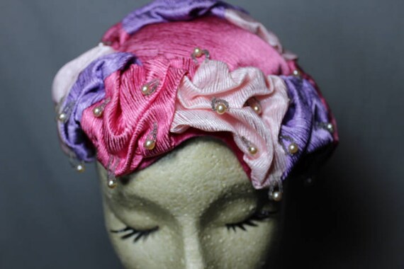 Pink and Purple Three Toned Hat with Faux Pearl A… - image 5