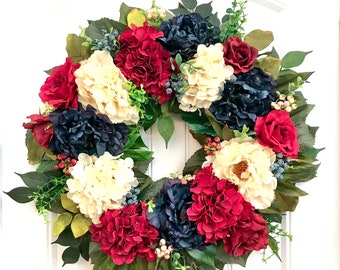READY TO SHIP - Patriotic Wreath for Front Door, 4th of July Wreath, Red White Blue Hydrangea Peony Rose Berry Wreath, Summer Wreath
