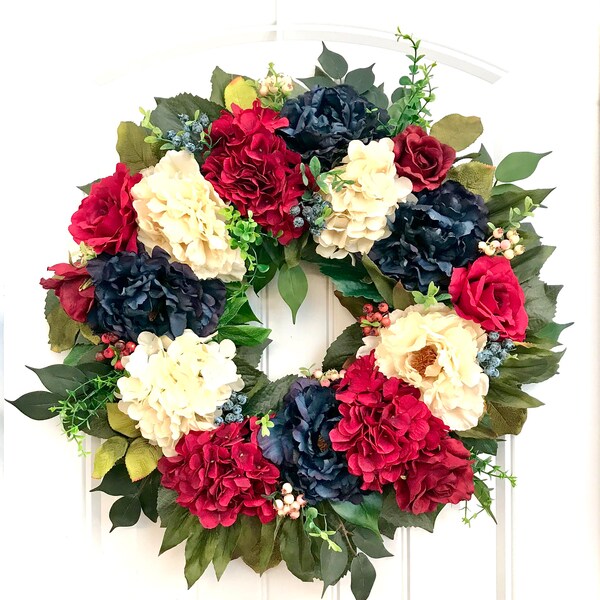 READY TO SHIP - Patriotic Wreath for Front Door, 4th of July Wreath, Red White Blue Hydrangea Peony Rose Berry Wreath, Summer Wreath