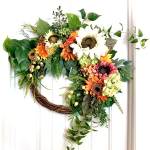 READY TO SHIP - Rustic Farmhouse Summer Wreath for Front Door - Sunflower Wreath - Lambs Ear Wreath - Farmhouse Decoration - Door Decor