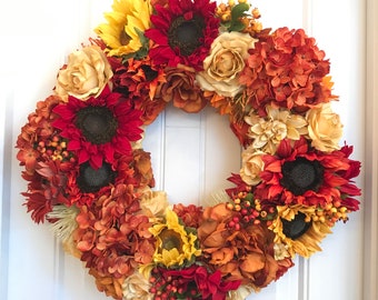 READY TO SHIP - Summer Sunflower Wreath, Farmhouse Wreath for Front Door, Orange Red and Gold Hydrangea Roses Ranunculus Peony Decor