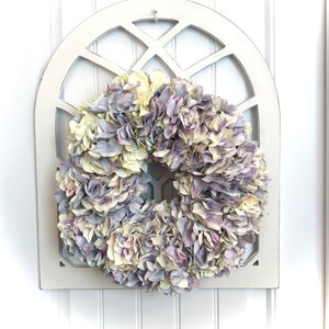 READY TO SHIP - Lavender Hydrangea Wreath on Cathedral Window Frame for Front Door, Wedding Wreath, All-Season Wreath, White Bridal Decor