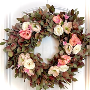 Burgundy Eucalyptus Wreath – Pink & White Peonies, Spring Summer Door Decor