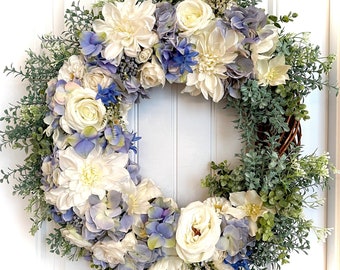 READY TO SHIP - Blue and White Spring Floral Wreath for Front Door - Spring Decor - Summer Wreath - Pastel Wreath - Blue Hydrangea Wreath