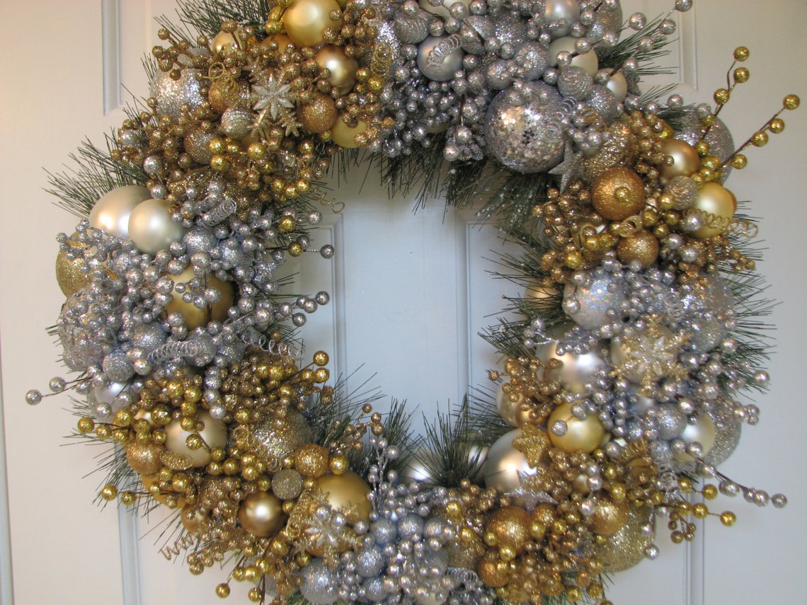 Silver and Gold Heirloom Christmas Wreath Glass Ornament Etsy
