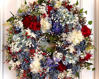 READY TO SHIP - Red White and Blue Cottage Garden Floral Wreath for Front Door | Americana Wreath | 4th of July Wreath | Patriotic Wreath