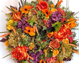 READY TO SHIP | Rich Jewel Tones Summer Floral Wreath for Front Door | Deep Purple, Burnt Orange, Goldenrod Hydrangea Peony Dahlia Wreath