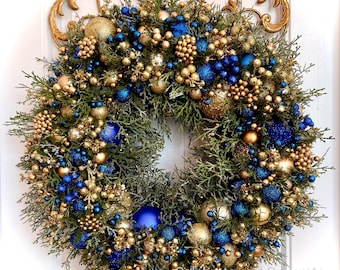 Elegant Gold and Cobalt Blue Heirloom Christmas Ornament Wreath for Front Door