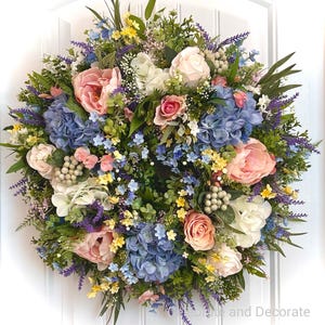READY TO SHIP | Pink Blue Purple Spring Cottage Garden Wreath for Front Door | Summer Hydrangea Peony Rose Decor | Mother’s Day Gift