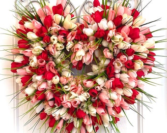 LAST ONE | Ready to Ship | Red White and Pink Valentine’s Day Heart Shaped Tulip Wreath for Front Door | Spring Summer Floral Decor