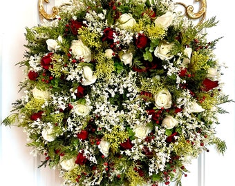 Deep Red and Creamy White Valentines Day Floral Wreath for Front Door | READY TO SHIP | Vibrant Rosebud Wreath | Cottage Garden Wreath