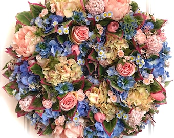 READY TO SHIP | Pink Blue Green Spring Cottage Garden Wreath for Front Door | Summer Floral Decor | Mother’s Day Gift |English Garden Wreath