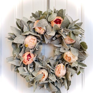 READY to SHIP - Lambs Ear and Blush Peonies Spring Wreath for Front Door - Lambs Ear Summer Wreath - Farmhouse Everyday Floral Wreath