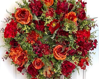 READY TO SHIP | Deep Red and Orange Summer and Fall Floral Wreath for Front Door | Vibrant Colorful Hydrangeas Peony Roses Dahlia Wreath